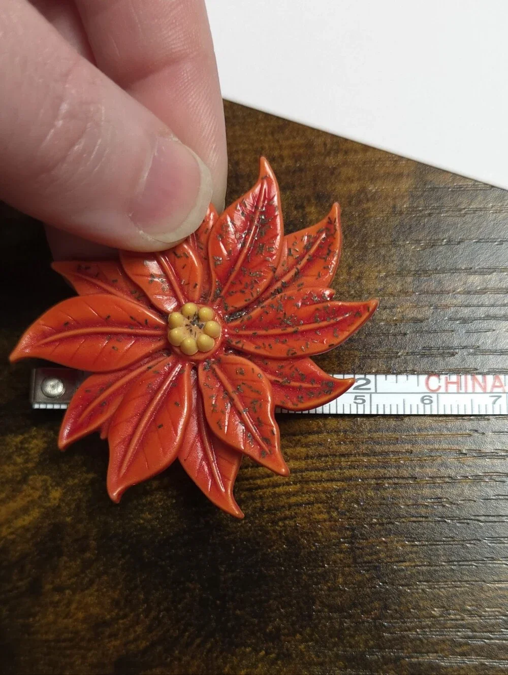 Vintage 1950s Poinsettia Flower Celluloid Acrylic Brooch Red Glitter Flower